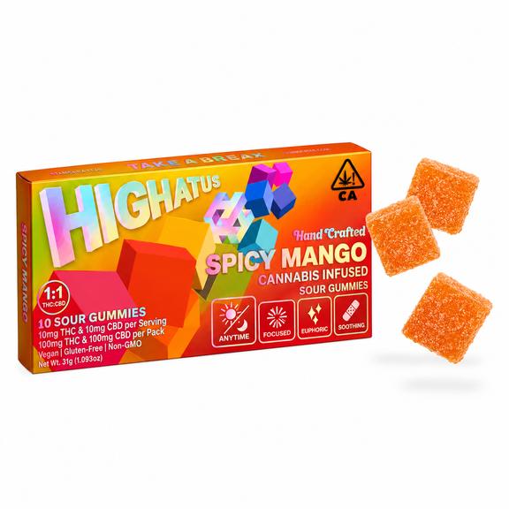 HIGHATUS - Sour Spicy Mango 1:1 THC:CBG Gummies 100mg